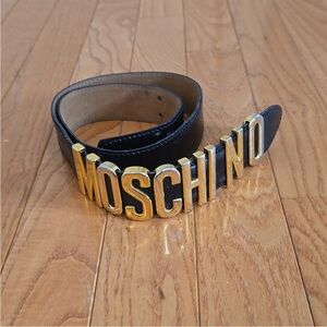 Moschino Black Leather Belt with Gold Logo Buckle